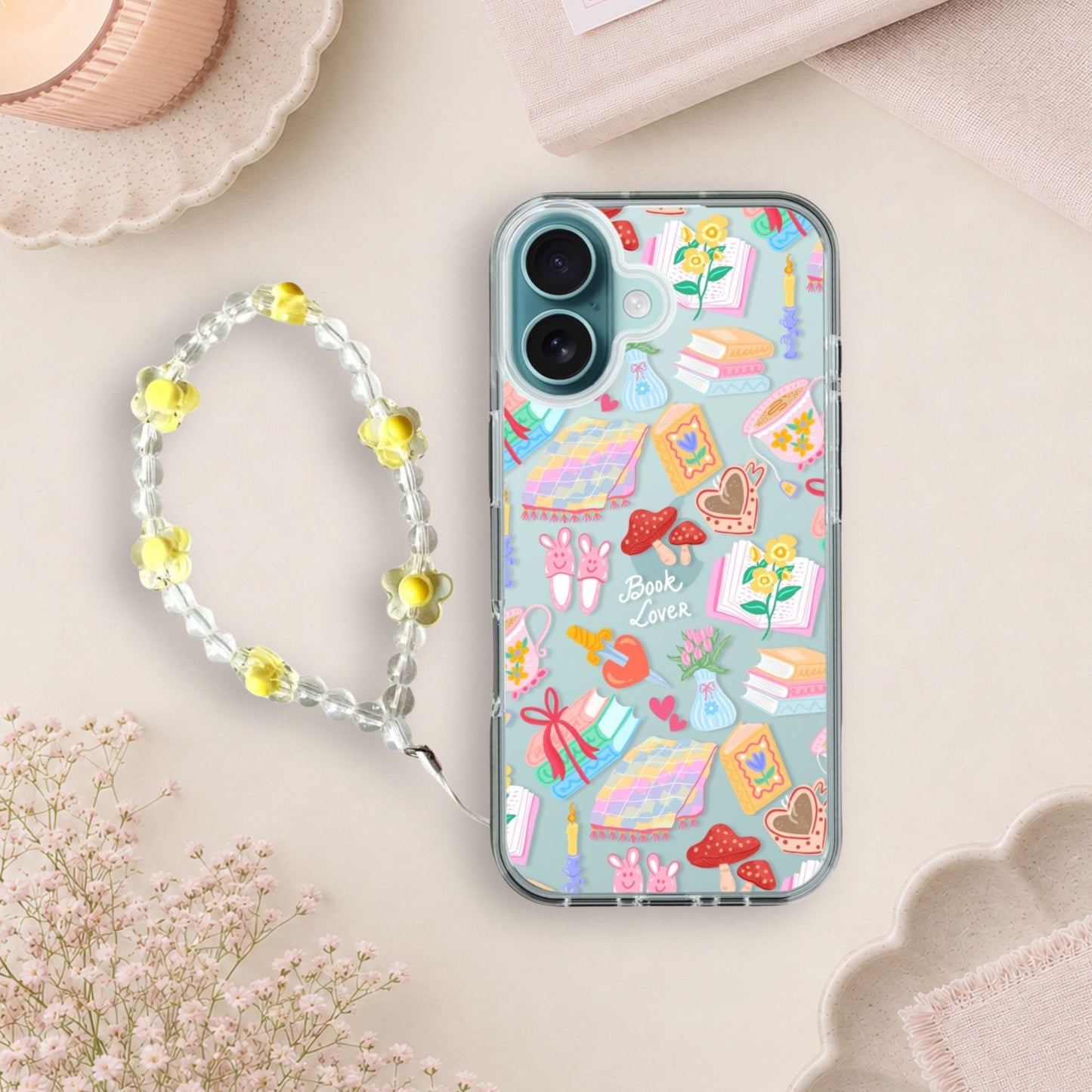 Book Lover Pattern Silicone Clear Case with Yellow Charm