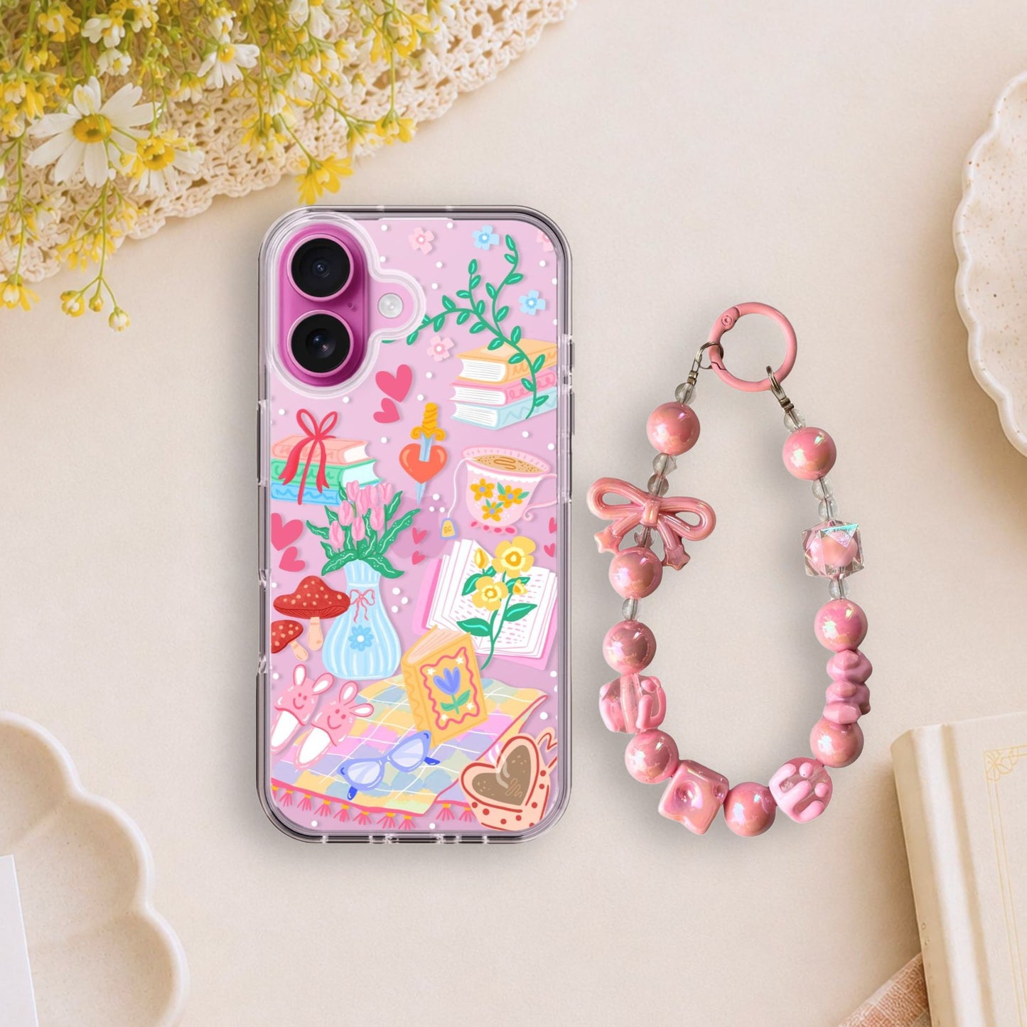 Romance Book Lover Clear Silicone Phone Case with Pink Bow Charm