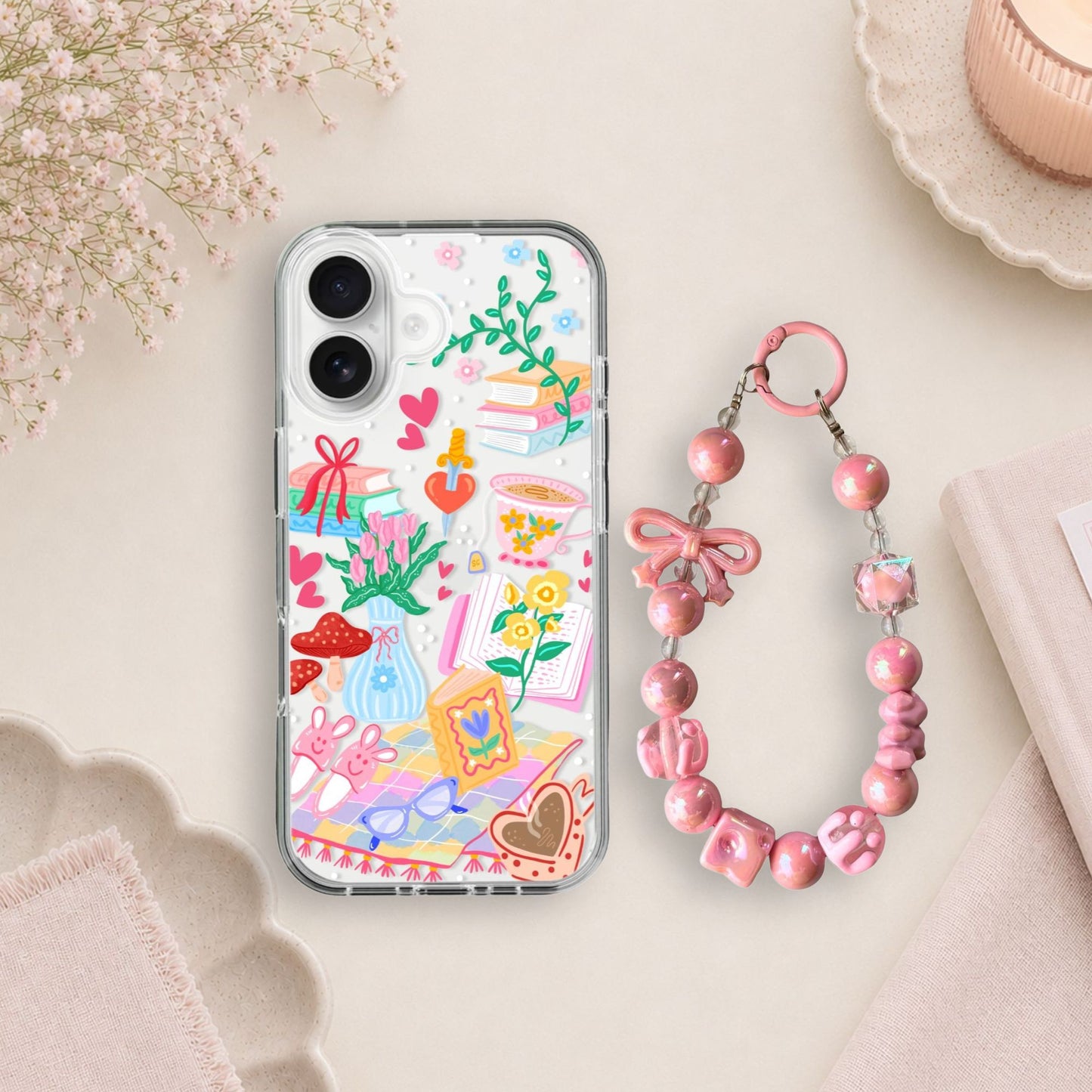 Romance Book Lover Clear Silicone Phone Case with Pink Bow Charm