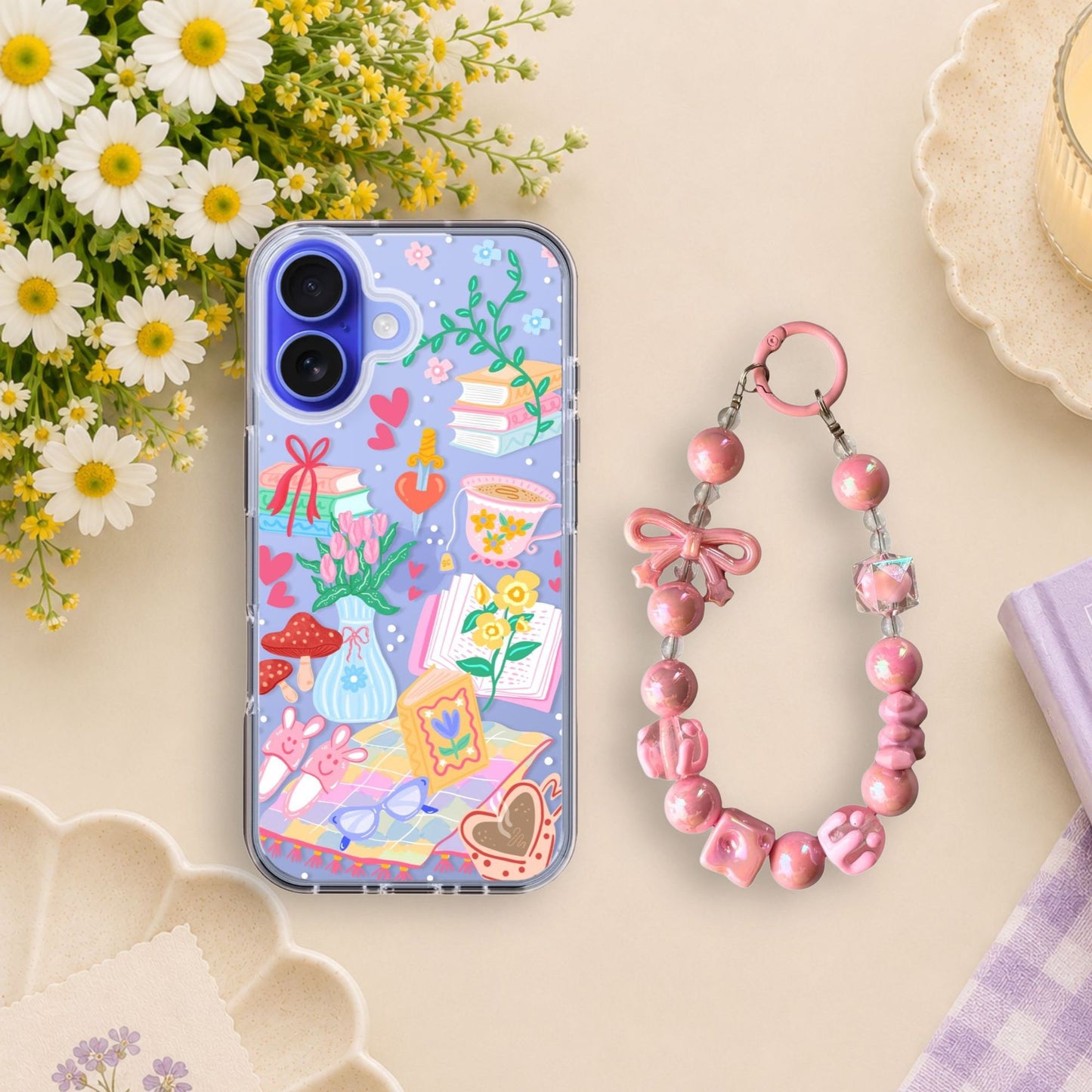 Romance Book Lover Clear Silicone Phone Case with Pink Bow Charm