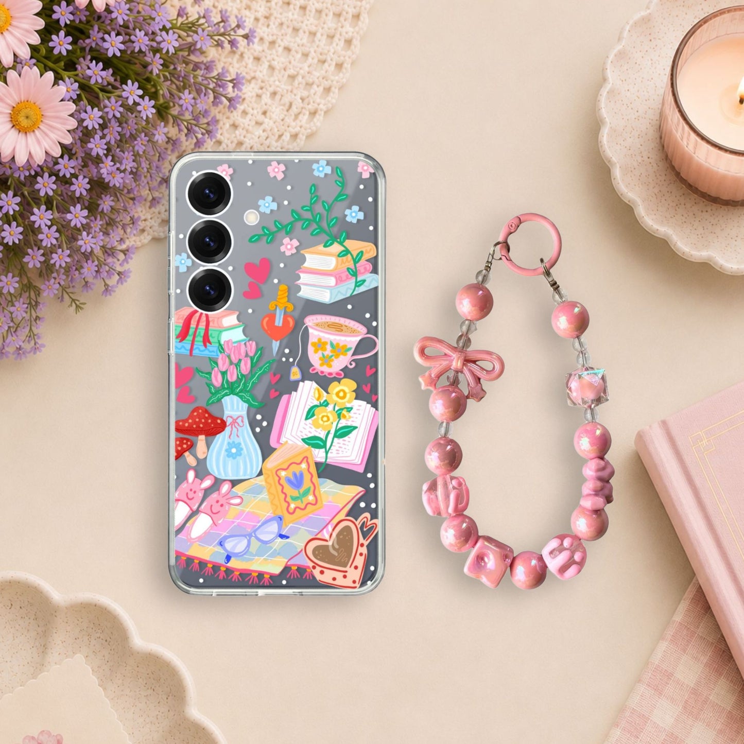 Romance Book Lover Clear Silicone Phone Case with Pink Bow Charm