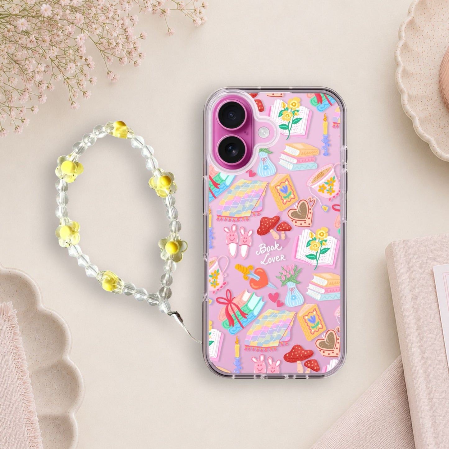 Book Lover Pattern Silicone Clear Case with Yellow Charm