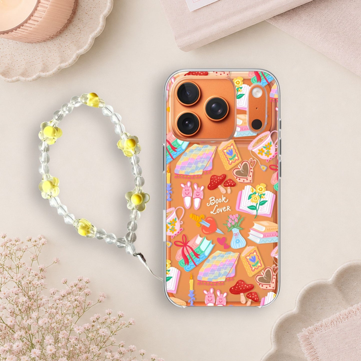 Book Lover Pattern Silicone Clear Case with Yellow Charm