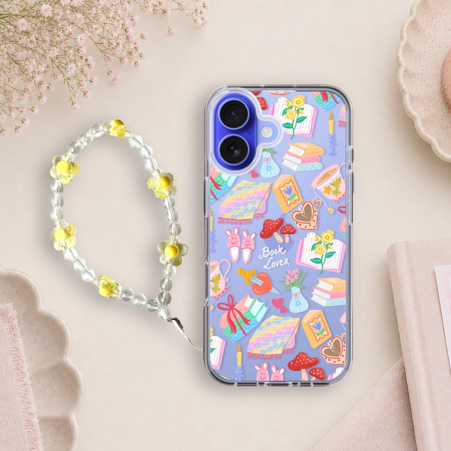 Book Lover Pattern Silicone Clear Case with Yellow Charm