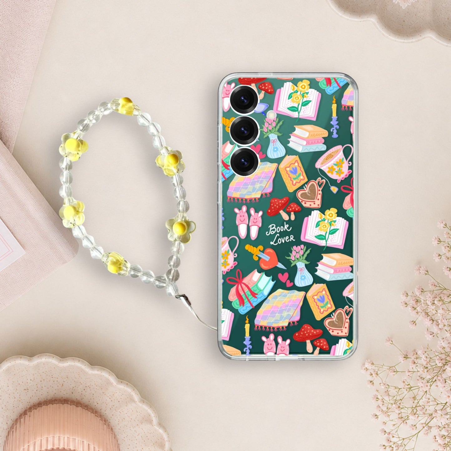 Book Lover Pattern Silicone Clear Case with Yellow Charm