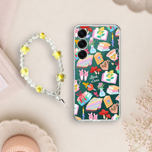 Book Lover Pattern Silicone Clear Case with Yellow Charm