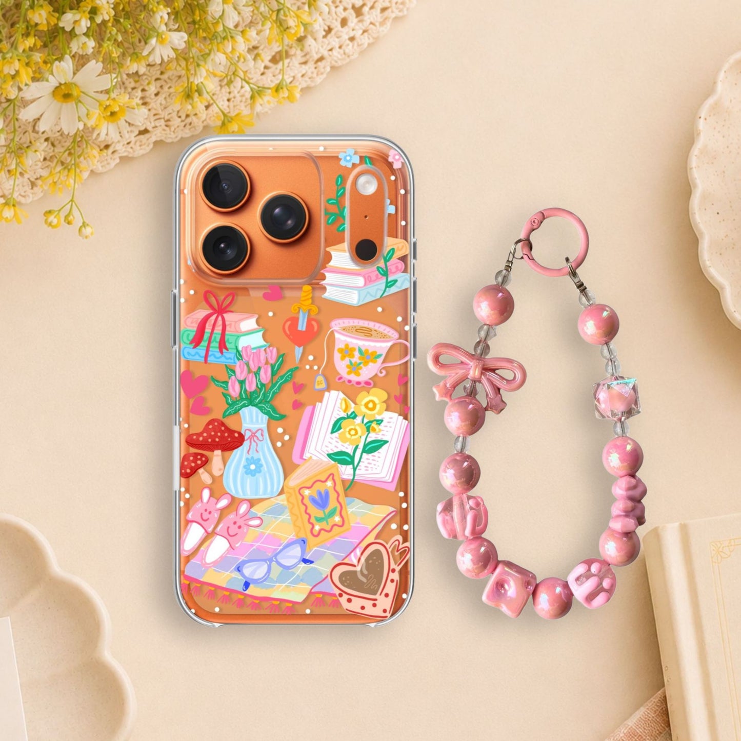 Romance Book Lover Clear Silicone Phone Case with Pink Bow Charm
