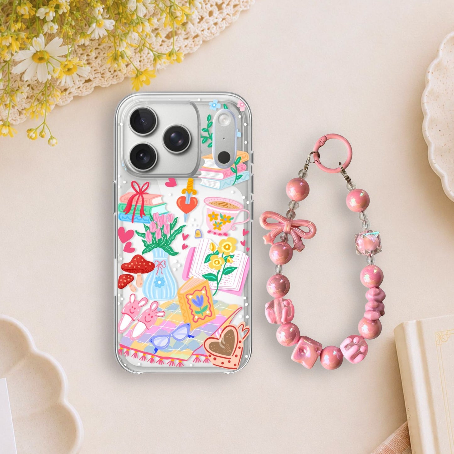 Romance Book Lover Clear Silicone Phone Case with Pink Bow Charm