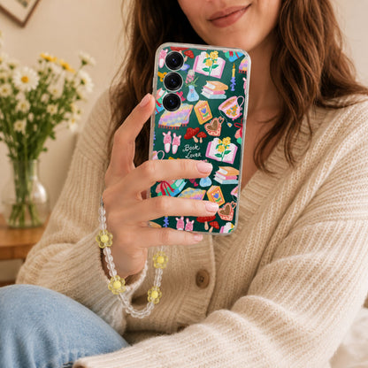 Book Lover Pattern Silicone Clear Case with Yellow Charm