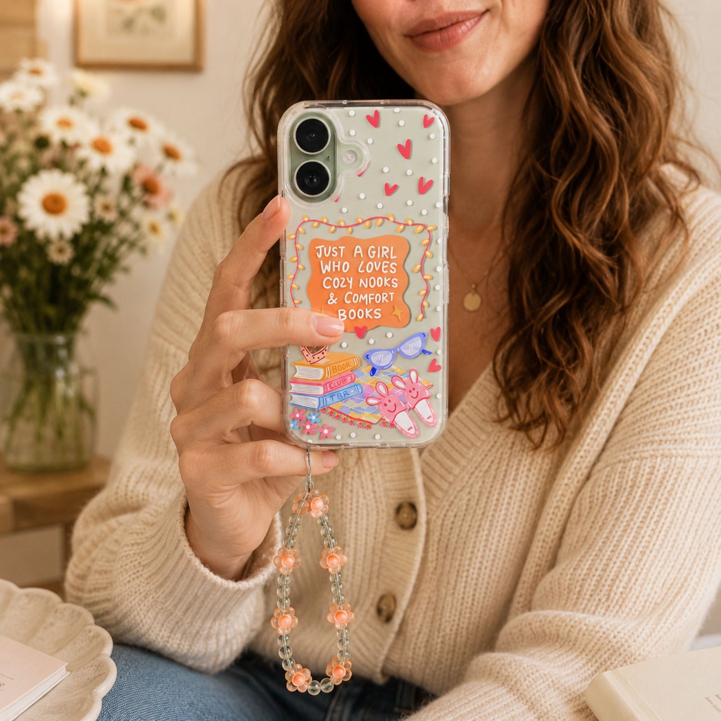 Cozy Book Lover Clear Silicone Phone Case with Orange Charm