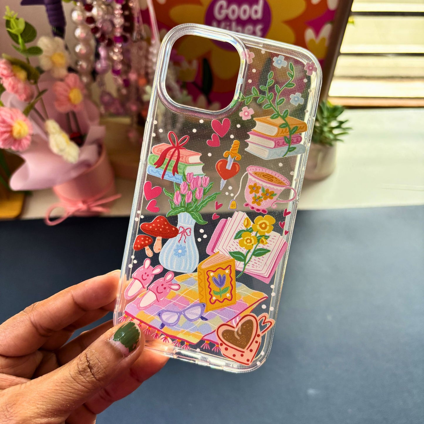 Romance Book Lover Clear Silicone Phone Case with Pink Bow Charm